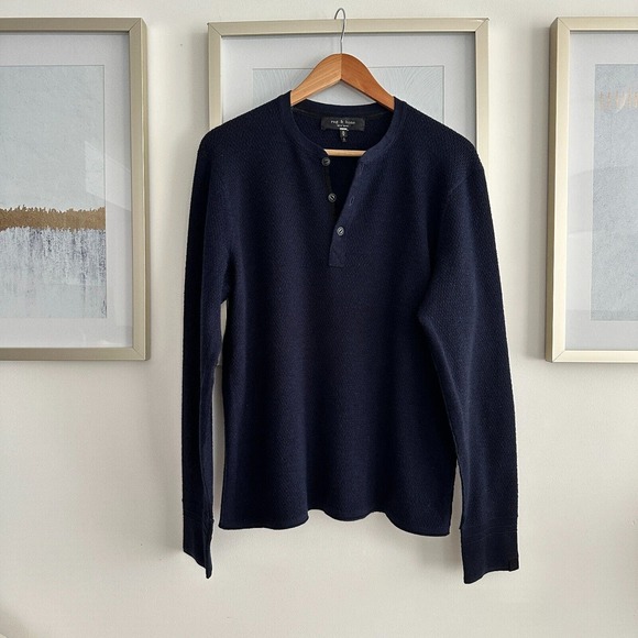 Rag & Bone Henley Shirt Mens Medium Merino Wool Knit Long Sleeve Navy Blue - Picture 3 of 12